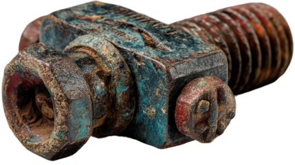 Rusty Bolt Up Close: A highly detailed macro photograph showcases a weathered bolt and nut, highlighting its intricate texture and the signs of age with an antique vibe.