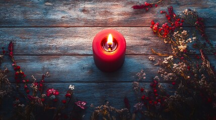 Serene red candle layout with wood setting and floral simplicity generative ai