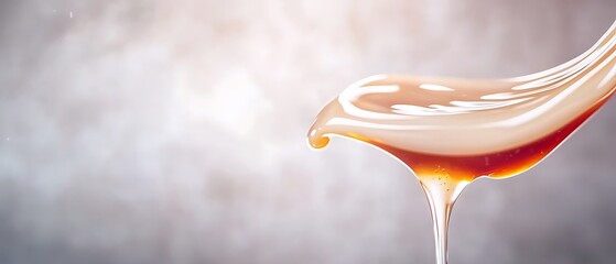 Golden liquid dripping down, with a soft, cloudy background