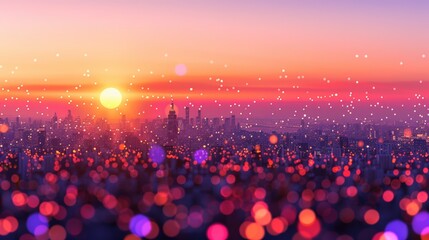 Cityscape at sunset with digital light dots floating above skyline symbolizing data transmission across connected regions in ecommerce expansion using AI-driven global network infrastructure.