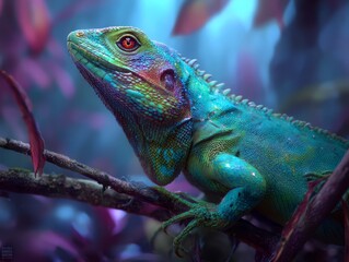 Fototapeta premium Colorful Chameleon Lizard on Branch with Vibrant Scales and Red Eyes