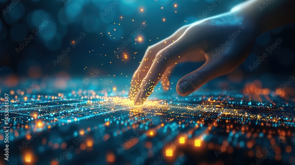 Poster human hand interacting with virtual glowing data particles over digital matrix surface expressing ar