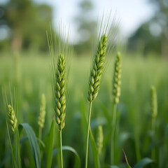 Brotes de cebada verde floreciendo en la orilla del lago del parque.