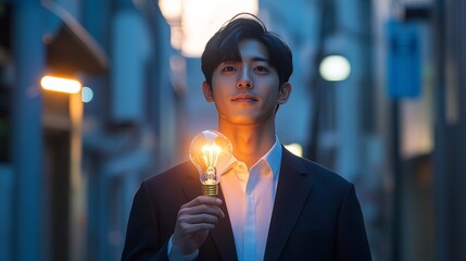 Young businessman holding glowing light bulb city street night idea suit dark blue hope urban dream