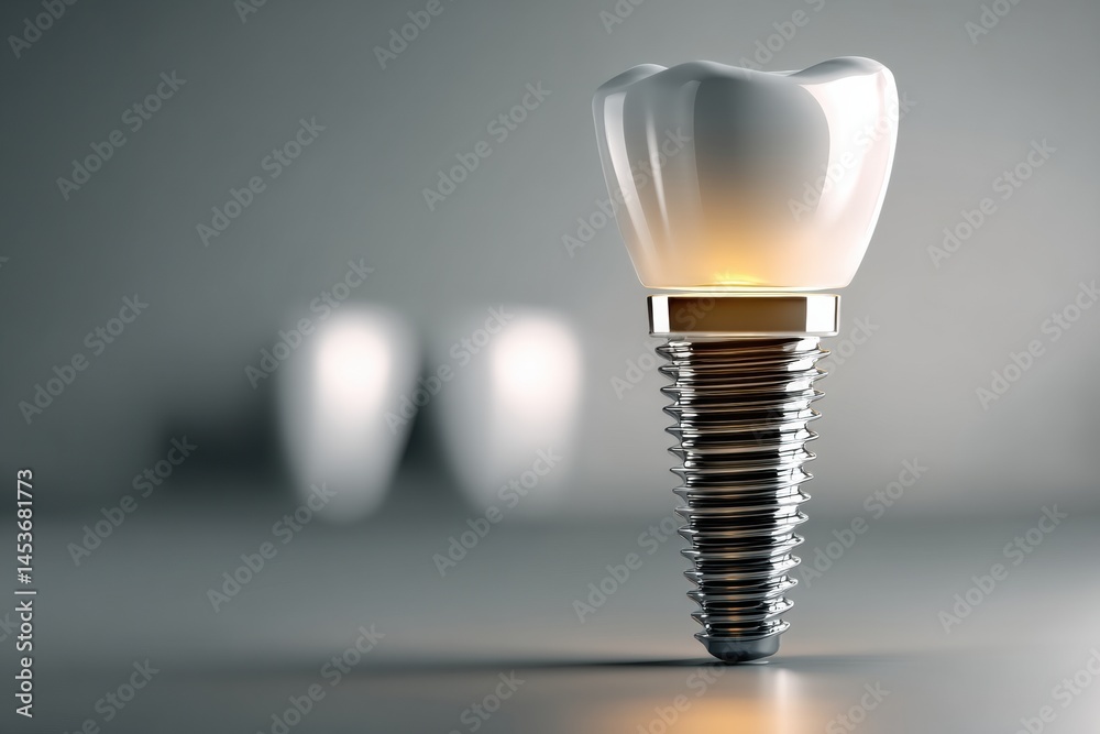 Aufkleber Floating 3D Model of a Tooth Implant Assembly Showcasing Intricate Details and Soft Shadows in a Clinical Setting Generative AI