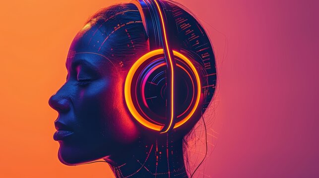 Side profile futuristic female head with digital neon headset, abstract glowing tech patterns on face, AI chatbot offering personalized product suggestions in advanced e-commerce platform.
