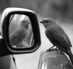 A bird is sitting by the rearview mirror, and its head is reflected in it. The style should be a black-and-white photograph capturing the moment when they looked at each other through their reflection