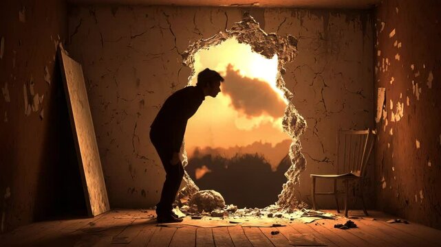 Silhouette breaking wall, revealing sunset landscape.  Hope, escape, new beginnings symbolized