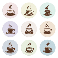 The image shows 9 stylized coffee cup icons with steam, each in a colored circle background, arranged in a 3x3 grid. The cups vary slightly in shape and handle design.