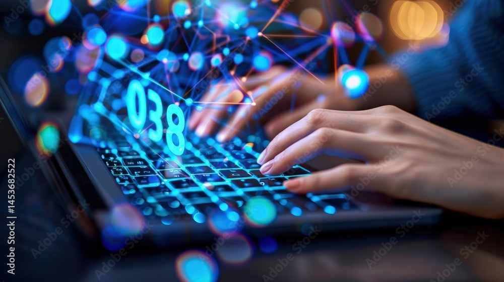 Poster hands of digital entrepreneur typing on laptop keyboard with glowing blockchain data and network nod