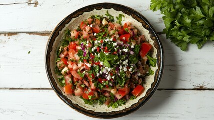 Colorful fresh vegetable and stuffed grape leaves bowl with chopped tomatoes herbs and feta cheese on rustic white wooden table for Mediterranean cuisine