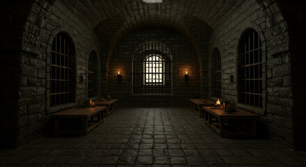Dark Medieval Dungeon with Stone Walls and Flickering Torches