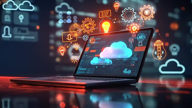 A modern laptop displaying cloud computing concepts with vibrant icons and digital elements