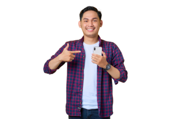 Smiling young Asian man in plaid shirt pointing fingers at mobile phone isolated on transparent background