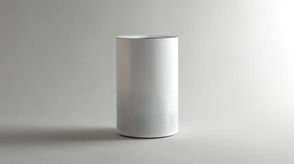 Minimalist modern smart home speaker on a plain light gray background with soft shadows and a clean contemporary style for home technology