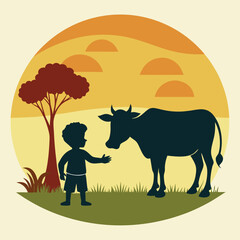 Cow graphic, Little boy and cow, silhouette of a cow, sacrifice on the Eid al-Adha holiday, Vector illustration 