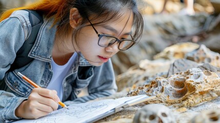 Asian elementary school girl wearing white shirt using straw to blow bubbles into scientific glass beaker creating magical glowing effect under decorative lights during playful science experiment.