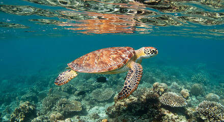 Naklejka premium Graceful Sea Turtle Swimming Above Vibrant Coral Reef in Ocean