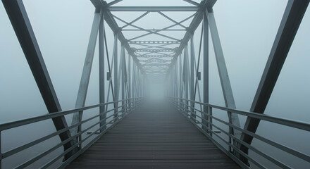 Foggy Bridge Viewed Through Steel Structure in Misty Atmosphere