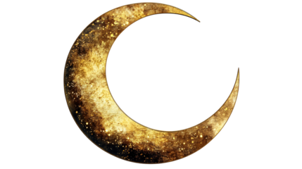 Golden celestial crescent moon, textured surface, cut out transparent