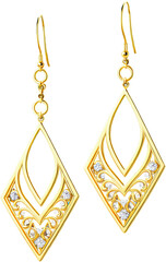 Elegant golden earrings glimmer with ornate details and sparkling clear gemstone accents on black.