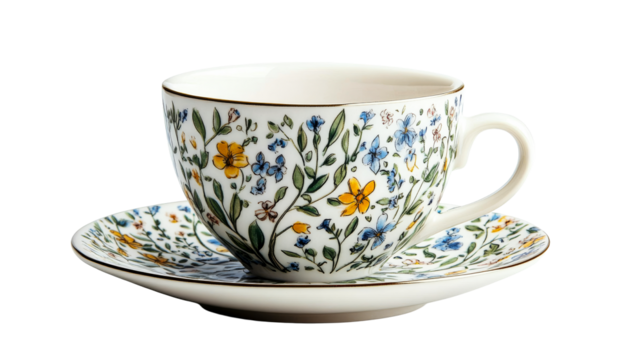Floral Tea Cup and Saucer Set, porcelain, cut out transparent