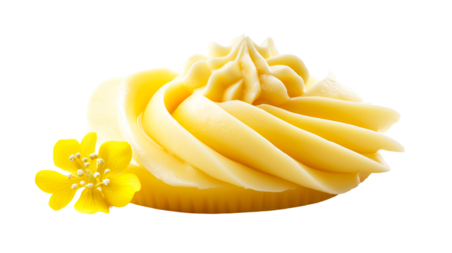 Swirl of yellow frosting with a flower decoration, cut out transparent