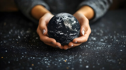 Hands cradling miniature globe symbolizing care for earth and global unity closeup