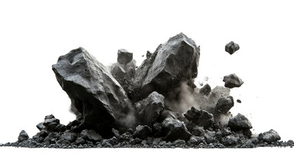 Chunk of crumbled rock debris with dust particles, cut out transparent