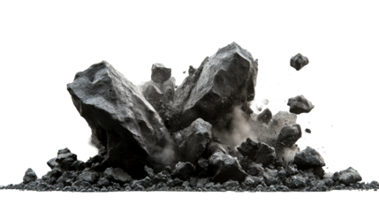 Chunk of crumbled rock debris with dust particles, cut out transparent