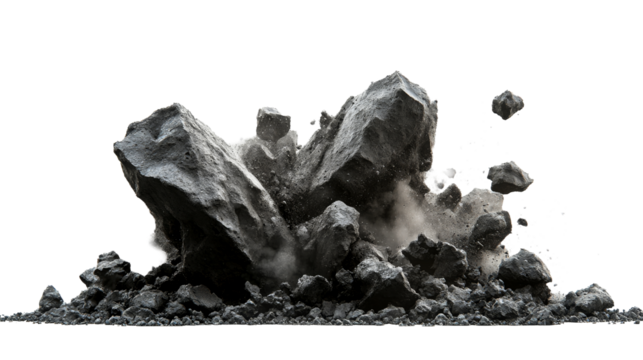 Chunk of crumbled rock debris with dust particles, cut out transparent