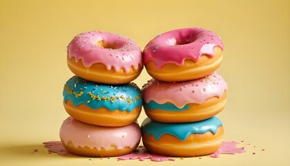 A delightful stack of colorful donuts with sweet icing and vibrant sprinkles on a yellow background.