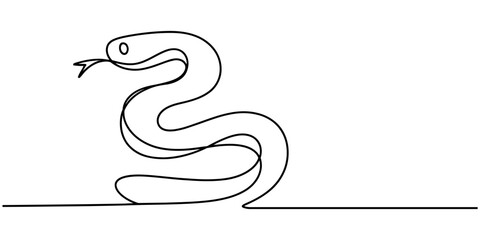 Snake one line drawing on white isolated background. 2025 Chinese New Year, Snake in one continuous line. One line drawing, minimalism. Vector illustration, Snake tattoo sticker logotype.