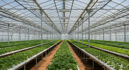 Modern Hydroponic Greenhouse with Lush Green Vegetable Plants