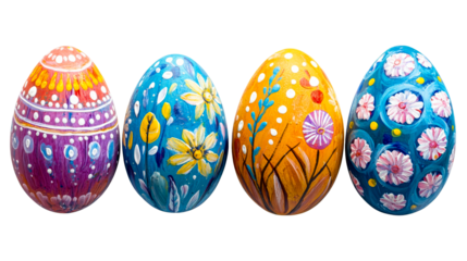 Row of colorful hand painted Easter eggs, floral designs, cut out transparent