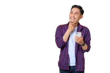 Thoughtful young Asian man in plaid shirt holding mobile phone and thinking about question isolated on transparent background