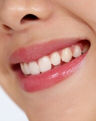Naklejka premium Asian woman's lips and teeth smile naturally, indicating good health.