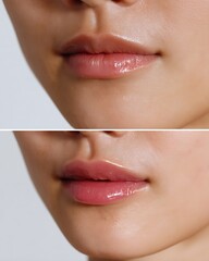 Naklejka premium Asian woman's lip filler before-after, clean background