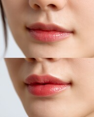Naklejka premium Dark-skinned girl's lips are covered in shiny lip gloss, in a clean, fashionable tone.