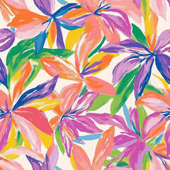 Vibrant pattern of tropical flowers in bright colors, with bold brushstrokes  Cute watercolor seamless pattern. Watercolor print in rustic vintage style, textile or wallpapers.	