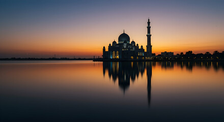 Naklejka premium Serene Evening at Mosque with Reflection in Calm Water at Sunset