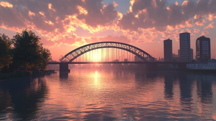 Obraz premium Striking bridge with a curved arc over the river, connecting shores with a modern design, its lines reflecting light and water in perfect symmetry under the evening sky.