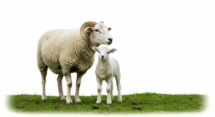 Fototapeta premium Mother and Baby Sheep in Green Pasture on White Background