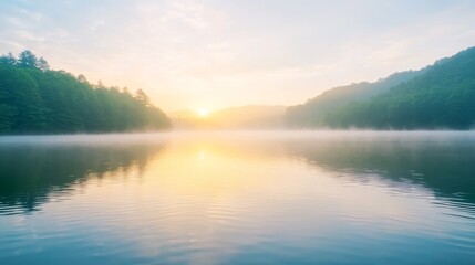 Fototapeta premium calm lake surface with soft fog in early morning, natural minimal landscape, peaceful mood.