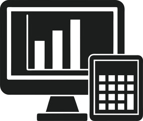 Computer Monitor with Bar Chart and Calculator Silhouette – Financial Analysis Vector Icon