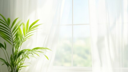 open window with sheer white curtains blowing, indoor plant in foreground, calm breeze atmosphere.