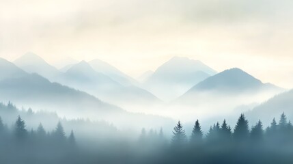 serene mountain landscape with soft morning mist, calming color palette.