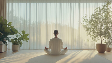 Back view of a woman meditating, yoga, calm atmosphere
