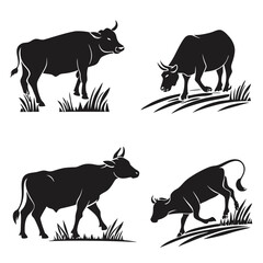 Collection of Four Black Silhouettes of Cows Grazing in Grass