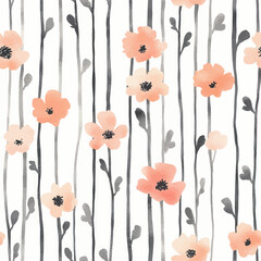 Creamy peach and charcoal gray flowers on wide white stripes, Cute watercolor seamless pattern. Watercolor print in rustic vintage style, textile or wallpapers.	